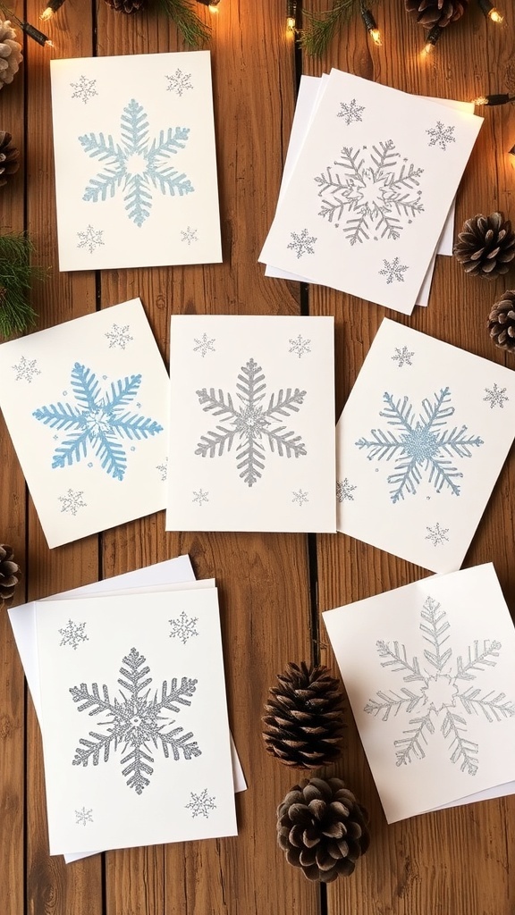 A variety of snowflake-themed Christmas cards on a wooden table, showcasing intricate designs and festive colors.
